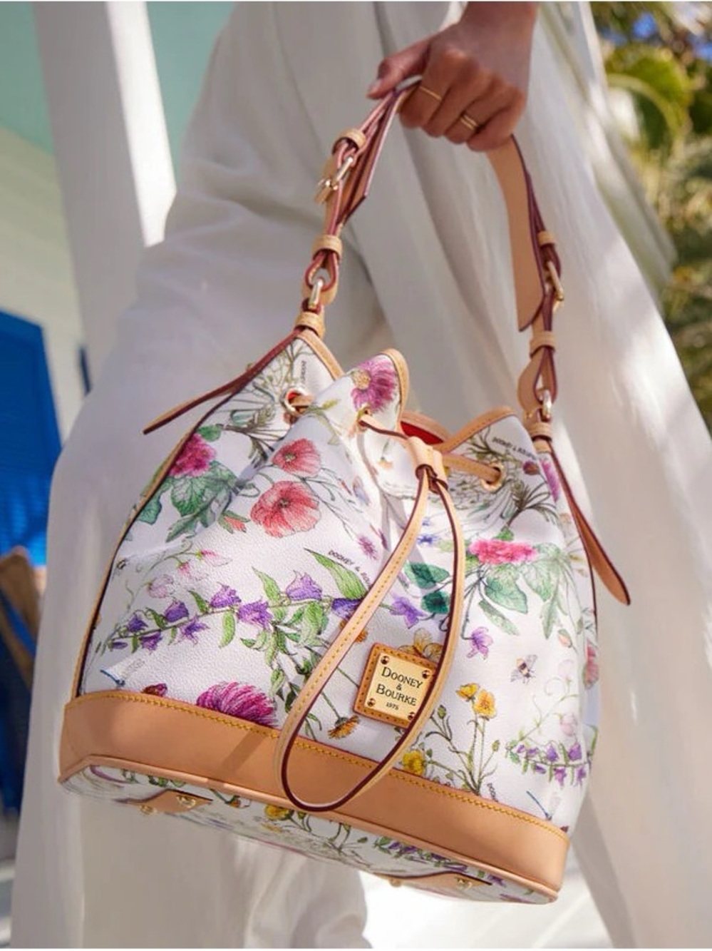 Dooney & Bourke White Floral Drawstring Hobo with Tan Trim